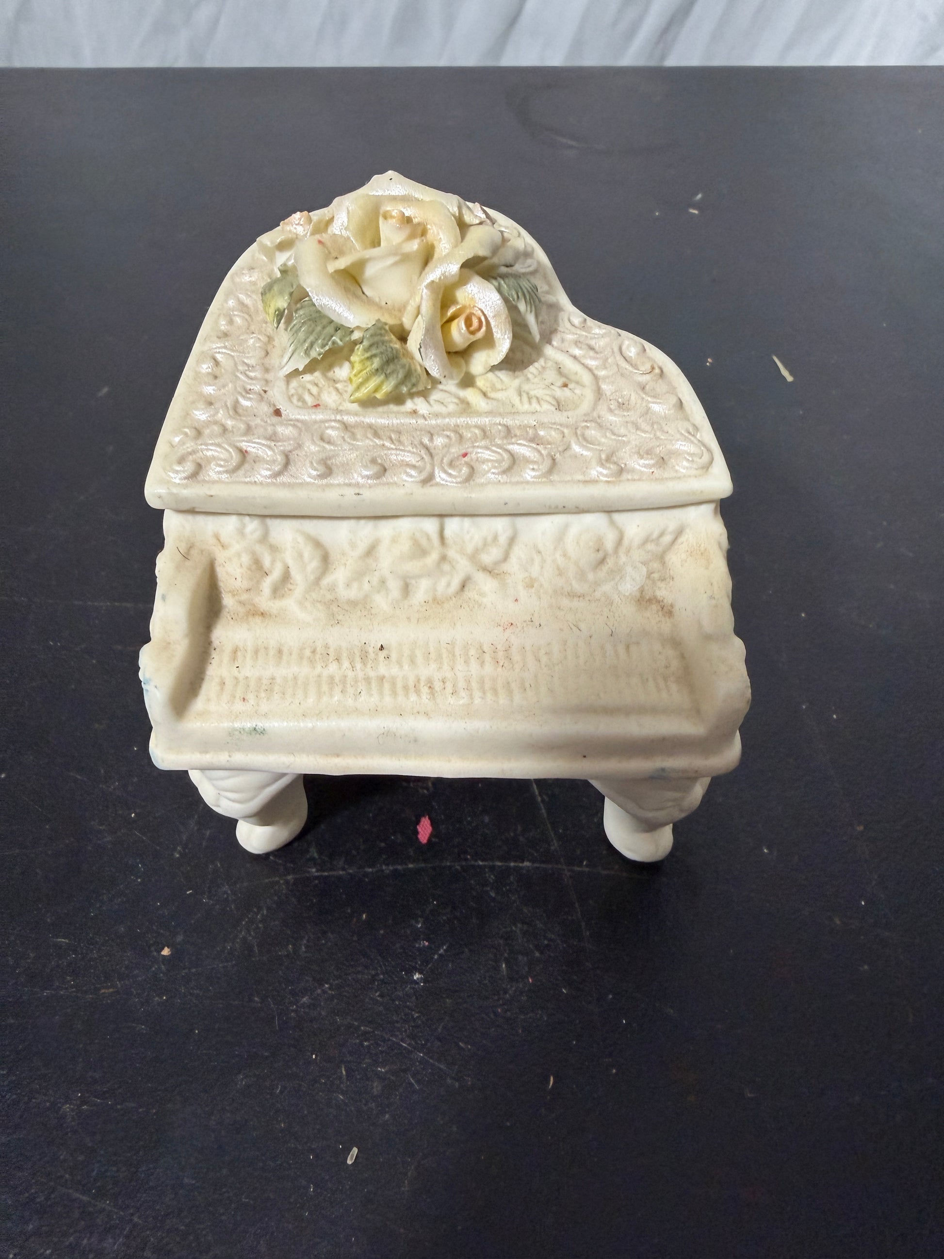 Heart Shaped Piano Trinket Box with Roses Ceramic