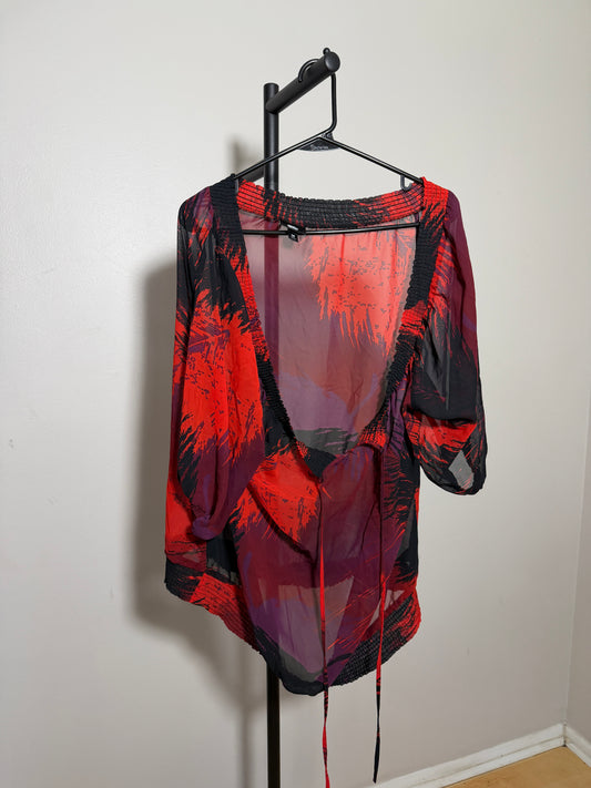 Wassabi M Red Black Sheer Blouse