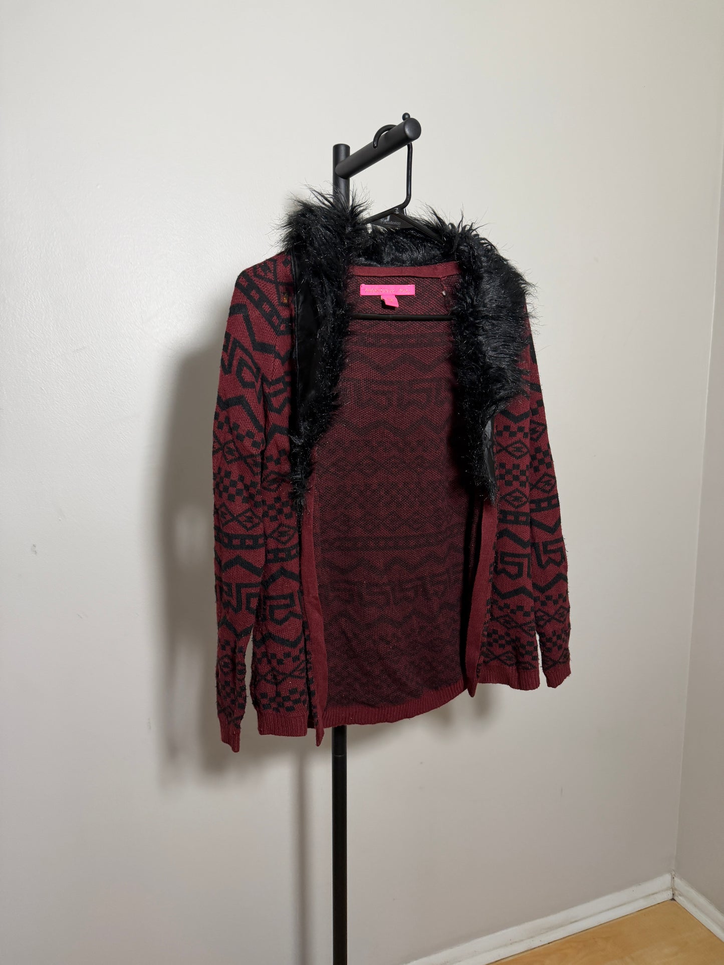 Rebellious One Women's Small Sweater Cardigan with Faux Fur Collar