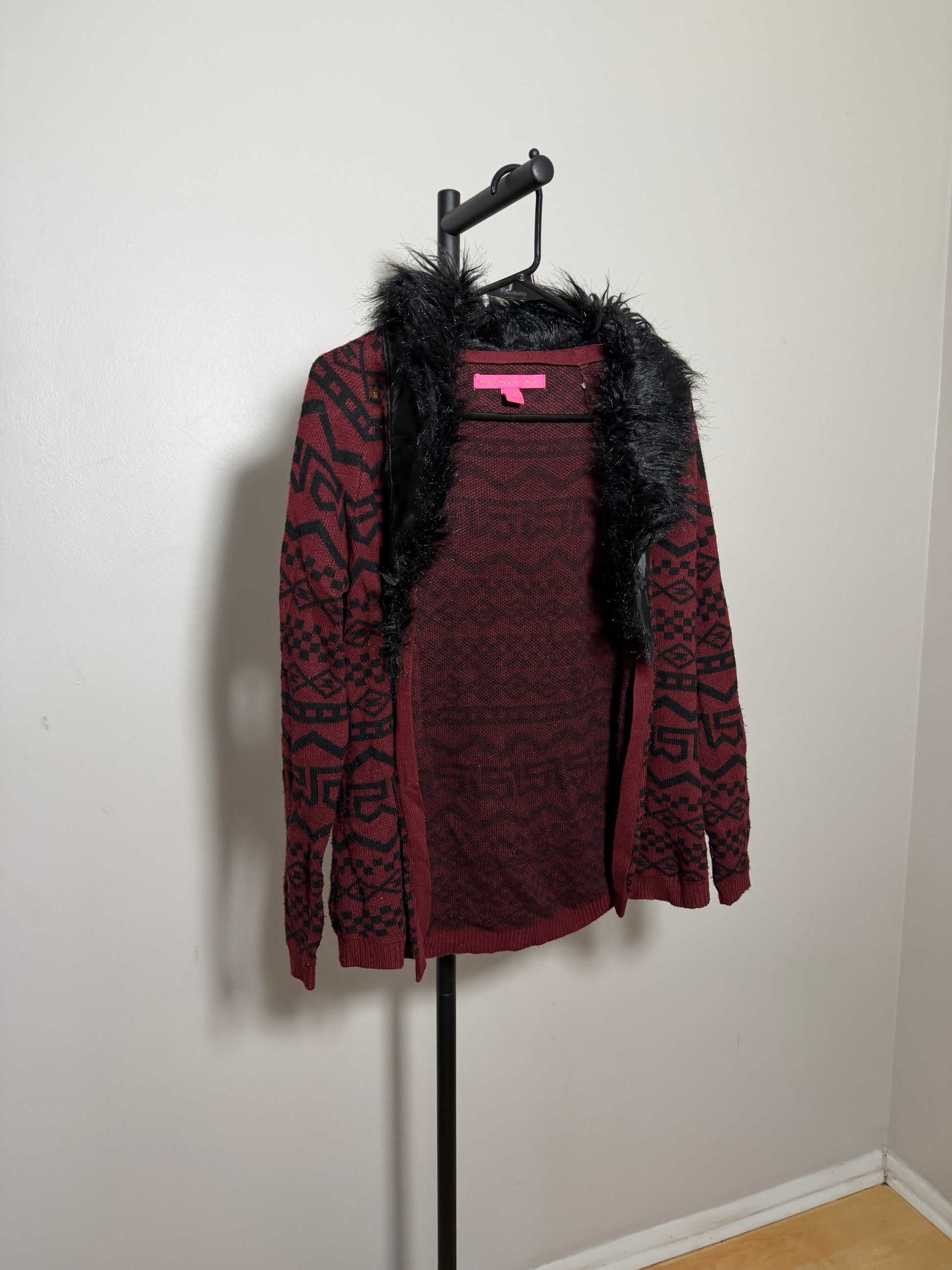 Rebellious One Women's Small Sweater Cardigan with Faux Fur Collar