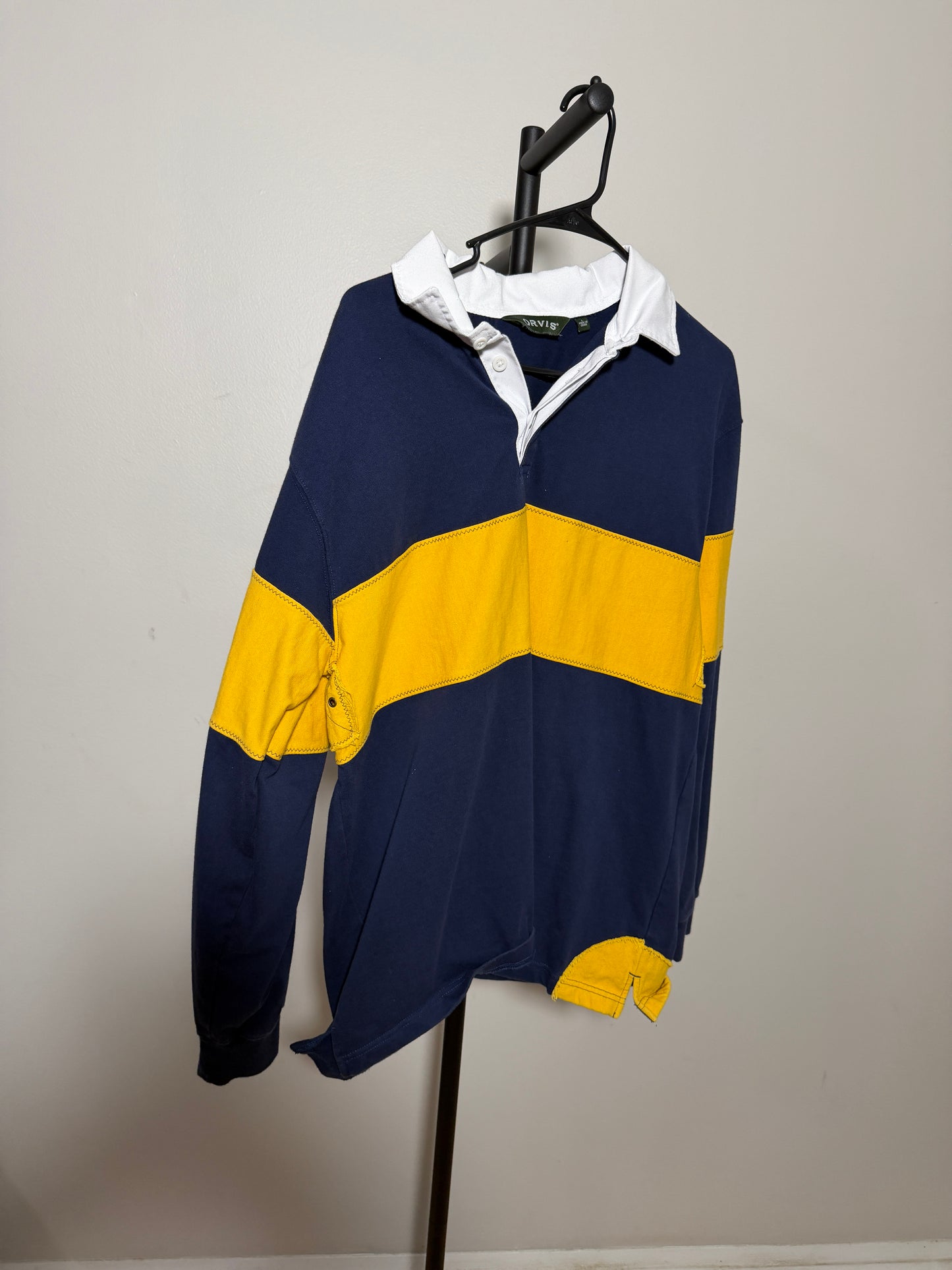 Orvis Mens L Long Sleeve Polo Shirt Blue Yellow Stripes