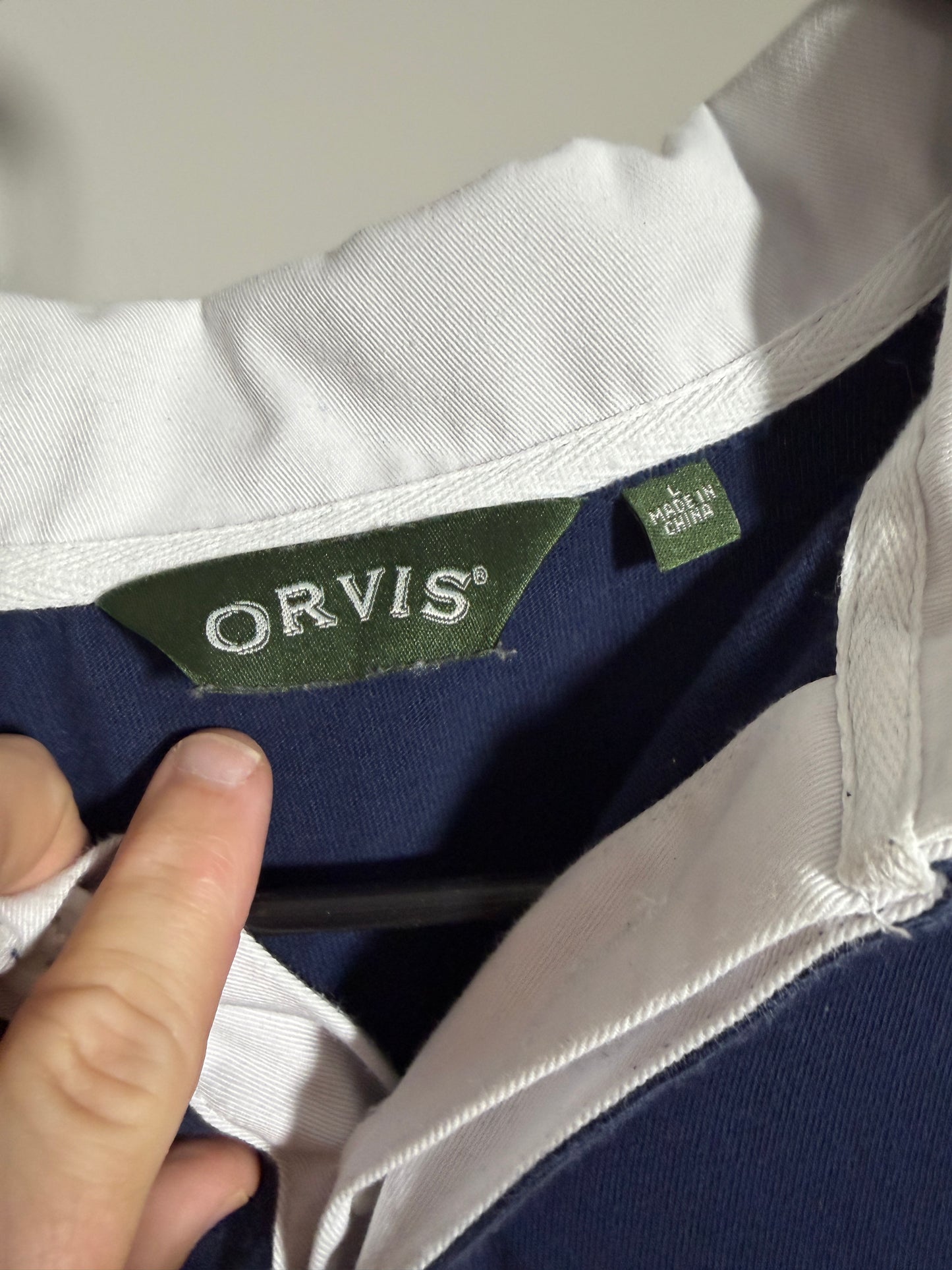 Orvis Mens L Long Sleeve Polo Shirt Blue Yellow Stripes - photo 2