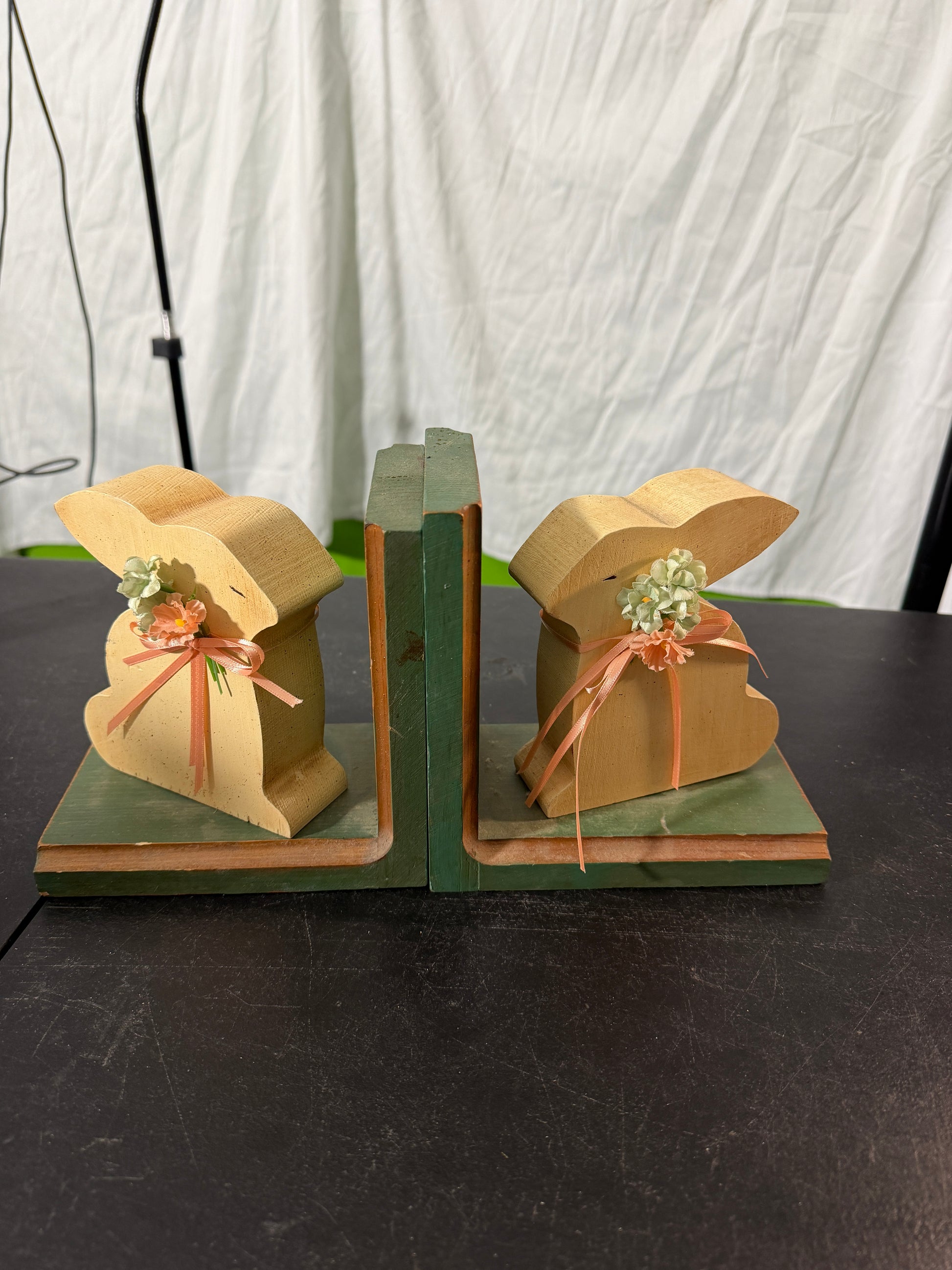 Wooden Bunny Bookends with Floral Accents