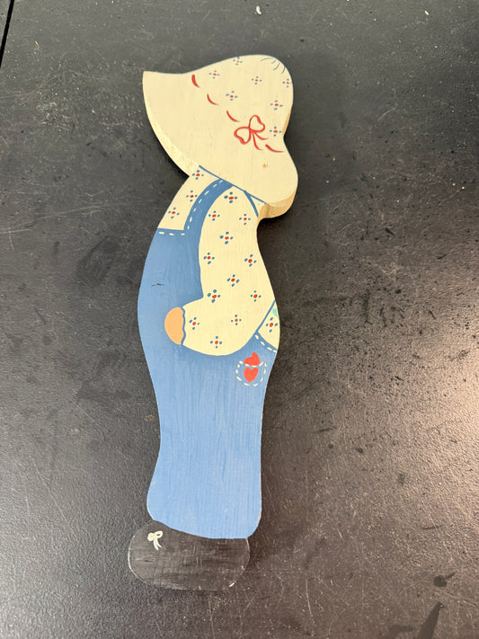 Wooden Girl Figure with Hat and Overalls