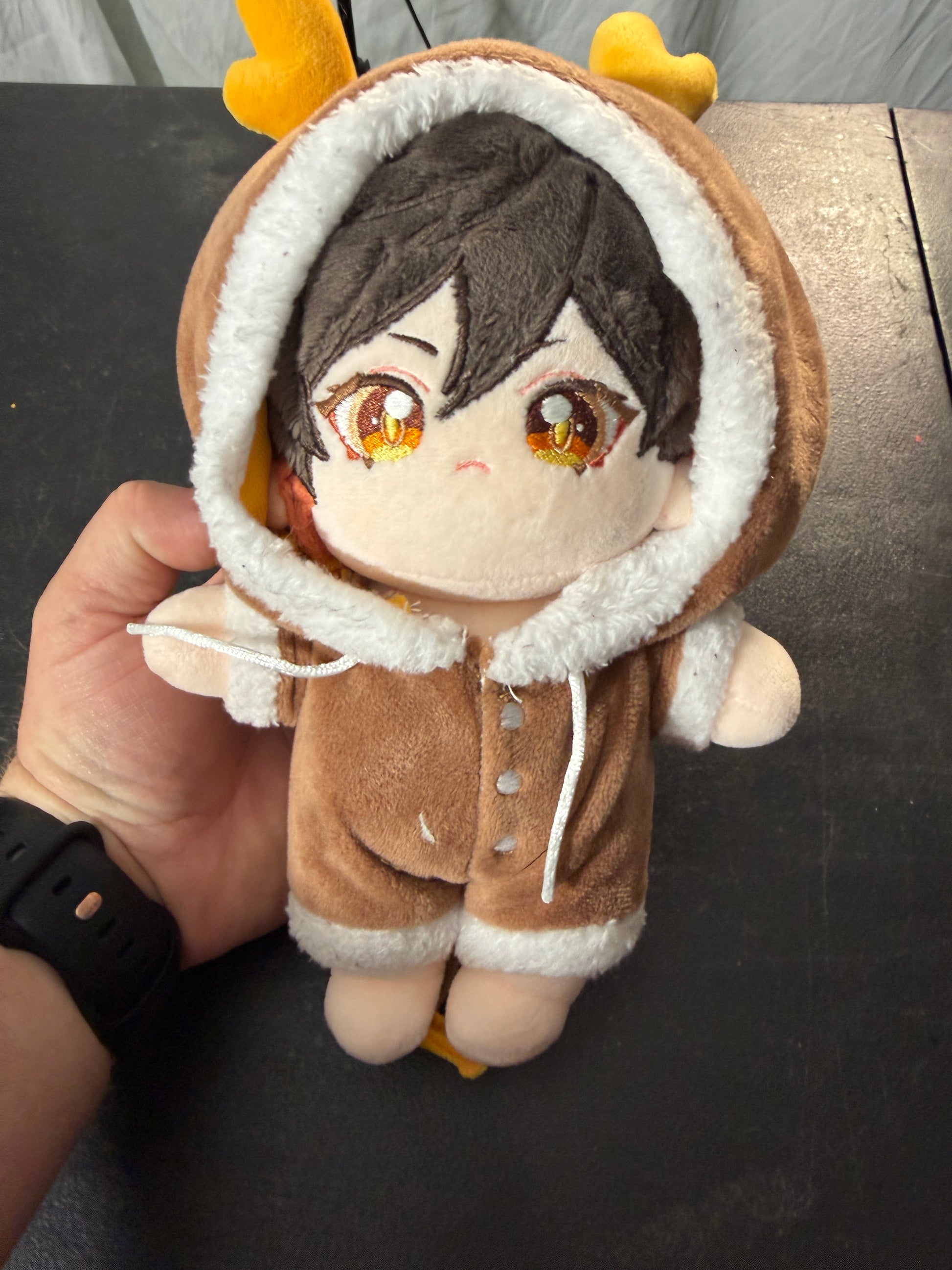 Plush Doll with Brown Hoodie and Antlers