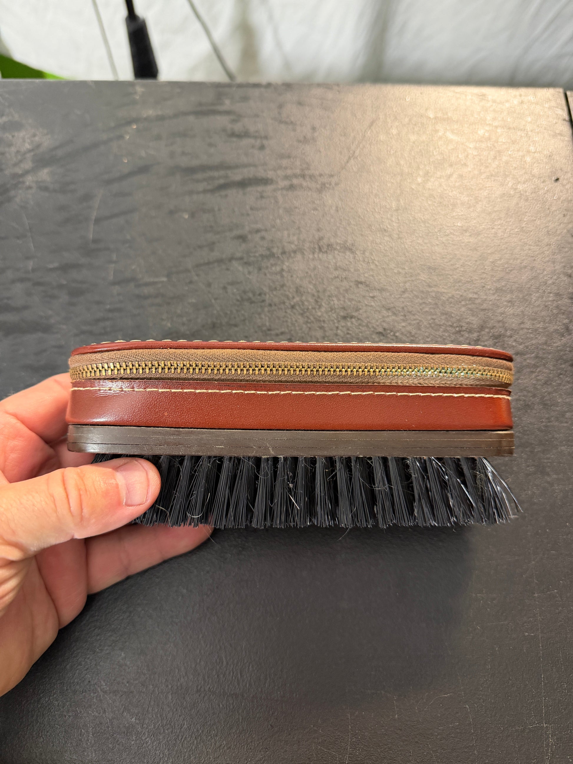 Vintage Shoe Shine Brush with Zippered Leather Case
