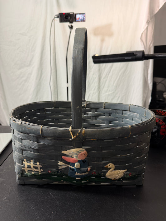 Vintage Hand Painted Gray Woven Basket with Farmer Feeding Geese Scene - MDP-00458