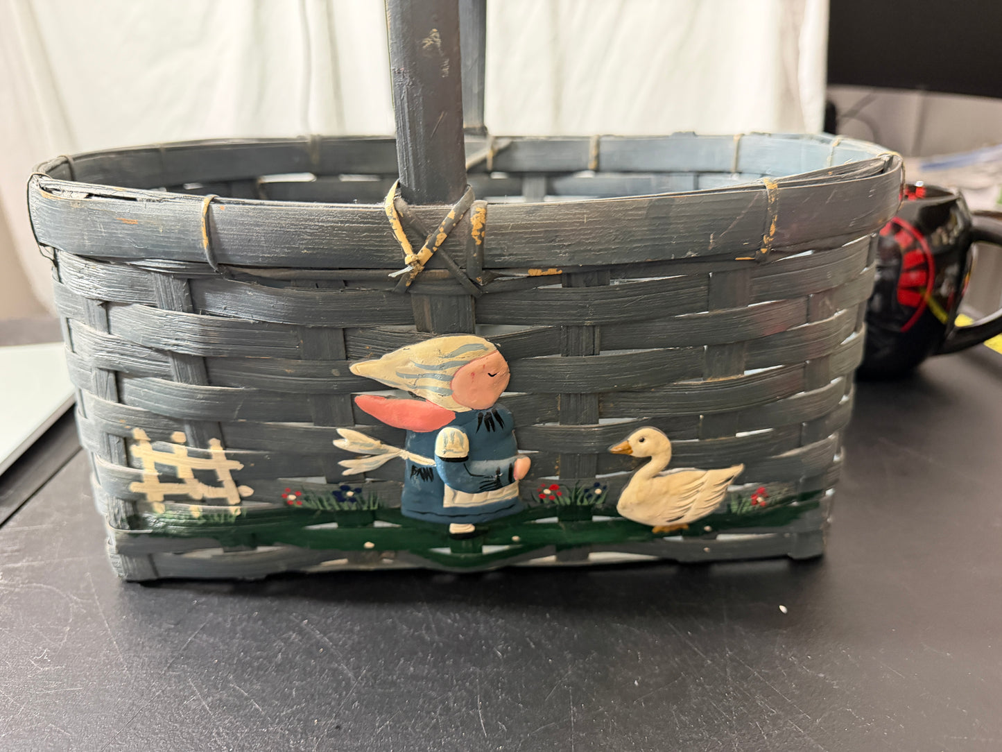 Vintage Hand Painted Gray Woven Basket with Farmer Feeding Geese Scene - MDP-00458