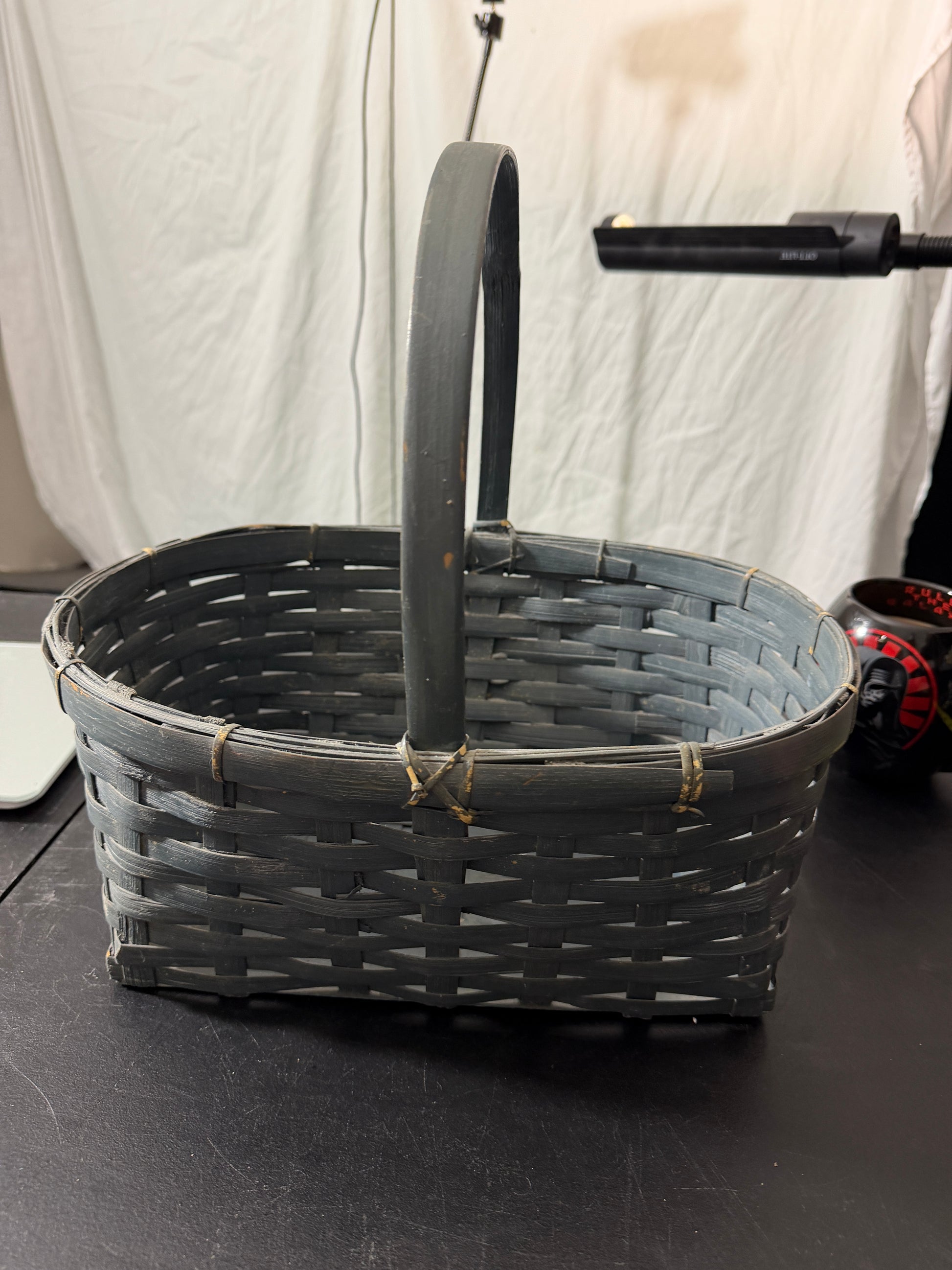 Vintage Hand Painted Gray Woven Basket with Farmer Feeding Geese Scene - MDP-00458