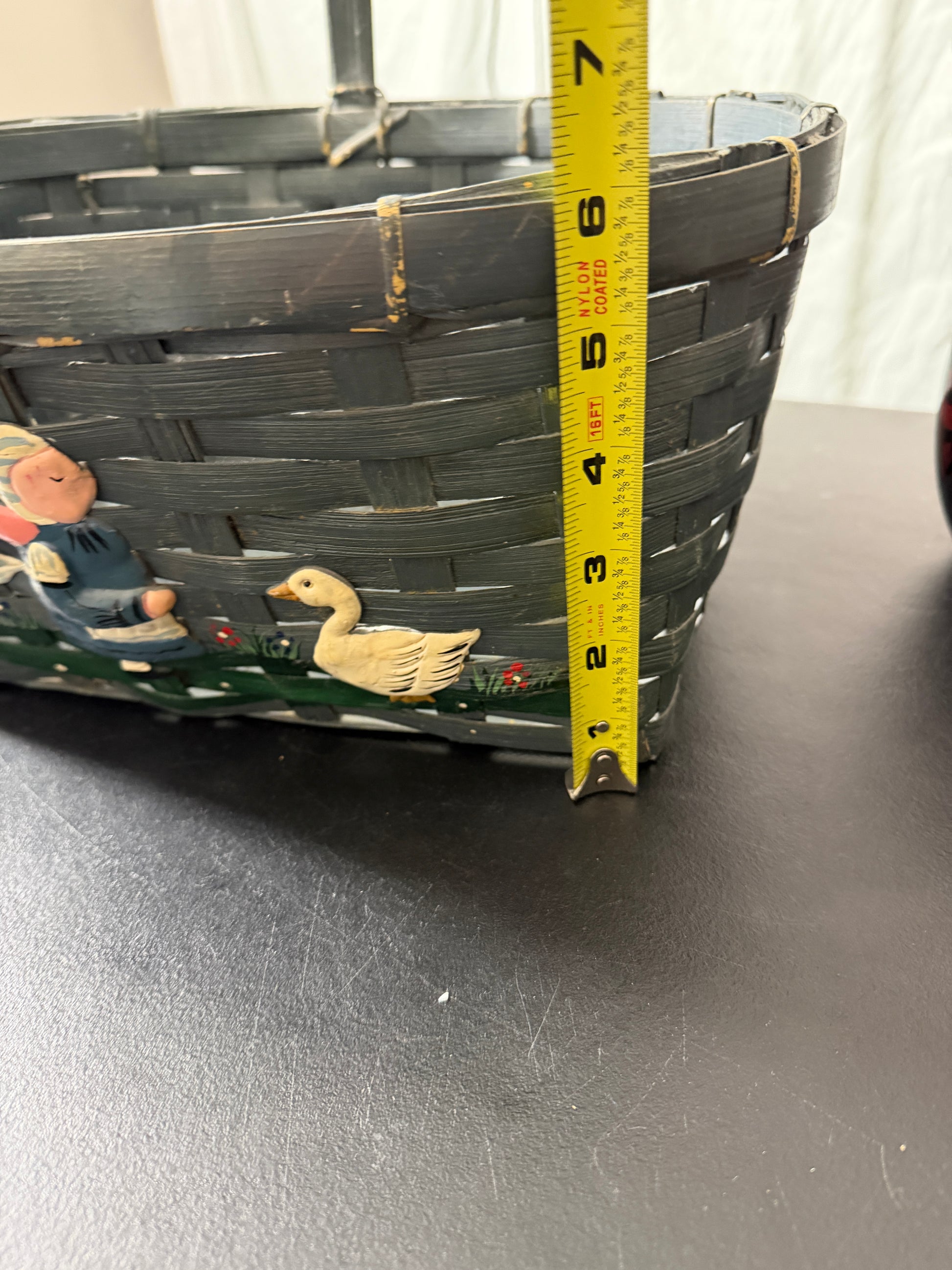 Vintage Hand Painted Gray Woven Basket with Farmer Feeding Geese Scene - MDP-00458