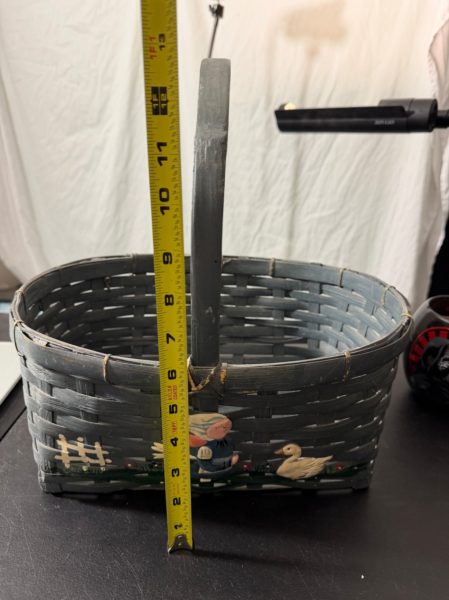 Vintage Hand Painted Gray Woven Basket with Farmer Feeding Geese Scene - MDP-00458
