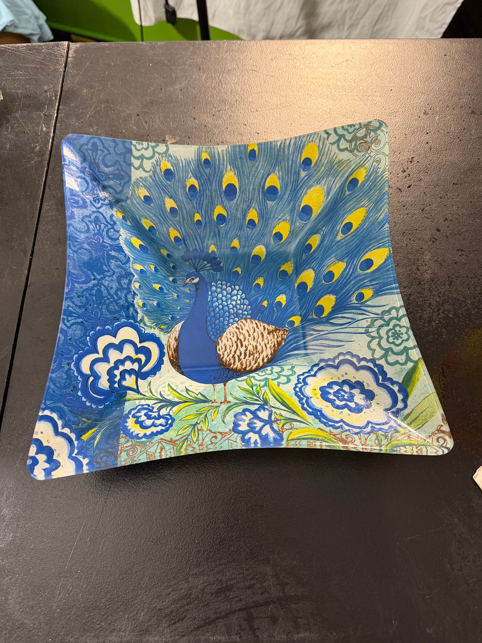 Large Glass Decorative Peacock Tray By Fringe 12x 8.25 - MDP-00480
