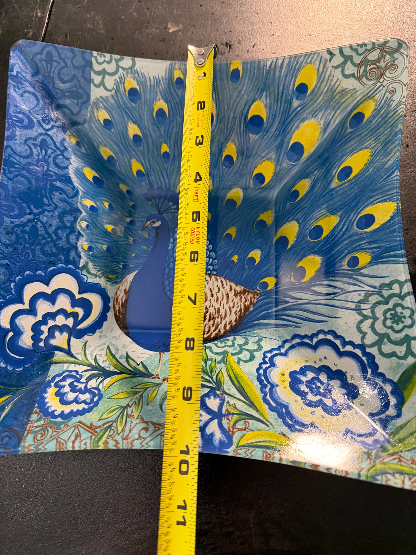 Large Glass Decorative Peacock Tray By Fringe 12x 8.25 - MDP-00480