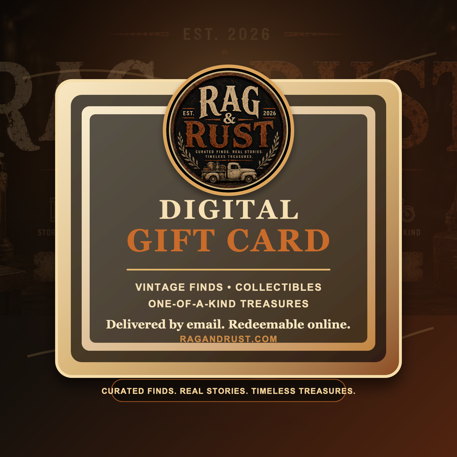 Rag and Rust branded digital gift card with vintage treasure hunting logo