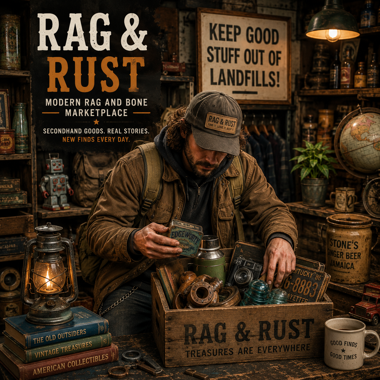 A modern rag-and-bone picker surrounded by curated secondhand treasures